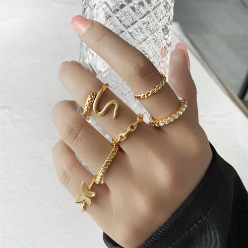 6Pcs/Set Gold Snake Butterfly Geometry Ring Set for Women Minimalist Vintage Metal Circle Chain Knuckle Ring Jewelry Gift