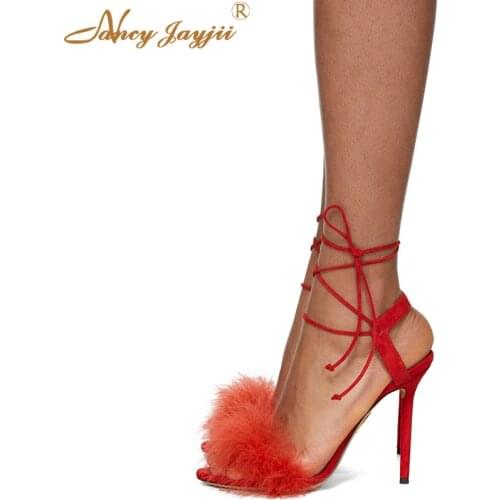 Nancyjayjii Woman Red Fur Ankle Strap Fashion Lace Up Thin Heels Stiletto Sandals Woman Peep Toe Shoe Party Evening Shoes Size