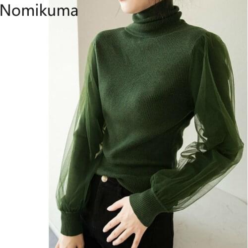 Nomikuma Gauze Patchwork Long Sleeve Basic Pullover Jumpers Casual All-match Knitted Turtleneck Slim Sweater Women Ropa Mujer