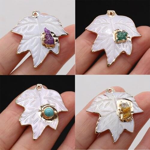 Natural White Shell Pendant Carved Leaf Mother of Pearl Shell Turquoises Crystal Druzy Charms for Jewelry Making DIY Necklace
