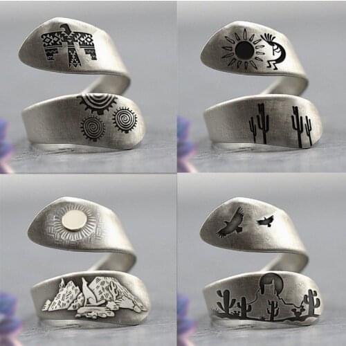 Hand-brushed Mountain Forest Solar Sun Rings For Women Men Animal Eagle Wolf Vintage Punk Jewelry Female Gift