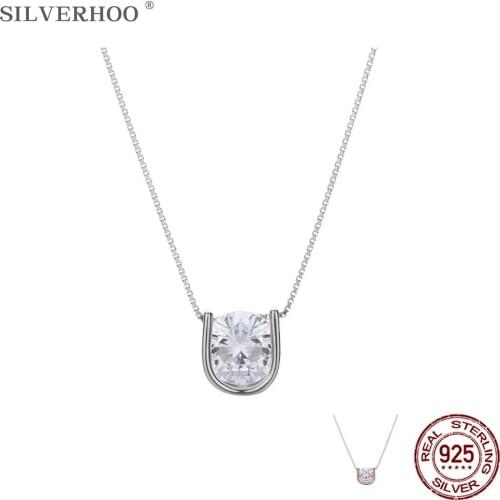 SILVERHOO 925 Sterling Silver U Shape Letter Necklace For Women Round Clear Cubic Zirconia Pendant Necklaces Silver Jewelry