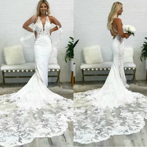 Sexy Country Mermaid Wedding Dresses Deep V Neck Illusion Lace Appliques Bridal Gowns Sweep Train Wedding robes de mariée