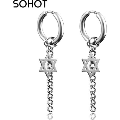 SOHOT New Unisex Titanium Star Stainless Steel Hoop Drop Earrings HipHop Wholesale Punk Chic Geometric Tassel Chain Man Party