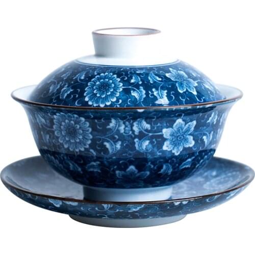 Tao Fan Blue And White Porcelain Covered Bowl Teacup Large Gong Fu Jingdezhen Tea Set Jade Porcelain Sancai Cup Large Tea Bowl H