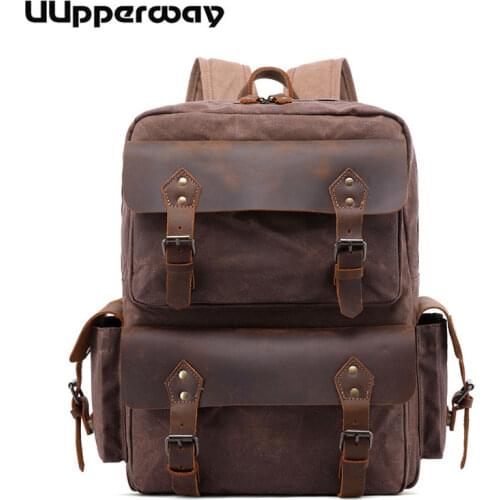 Uupperway Vintage Oil Wax Canvas Backpacks Mens Laptop Backpack Coffee Army Green Crazy Horse Leather Cover Casual Travel Bags