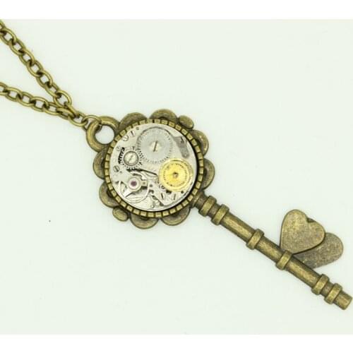 Steampunk Jewelry Vintage Key Pendant Watch Movement Gears Necklace Unique Handmade Jewelries