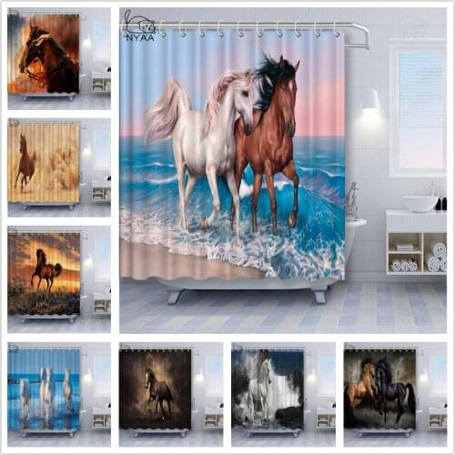 Black White Horse Shower Curtains Strong Animal Running on the Snow Bathroom Decor Home Bathtub Waterproof Polyester Curtain Set