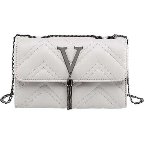 Metal V tassel crossbody Small Messenger bag OL Ladies Women PU leather Rhombic Grid Chain Shoulder Bag