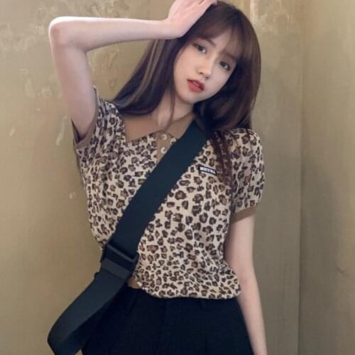 Retro Hit Color Turn Down Collar Print Small Flower Knit Shirt Summer Bottoming Womens Top