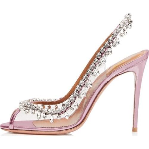 Sexy woman PVC peep toe high heel crystal wedding shoes high heel woman diamonds slingback rhinestones tassel woman sandal