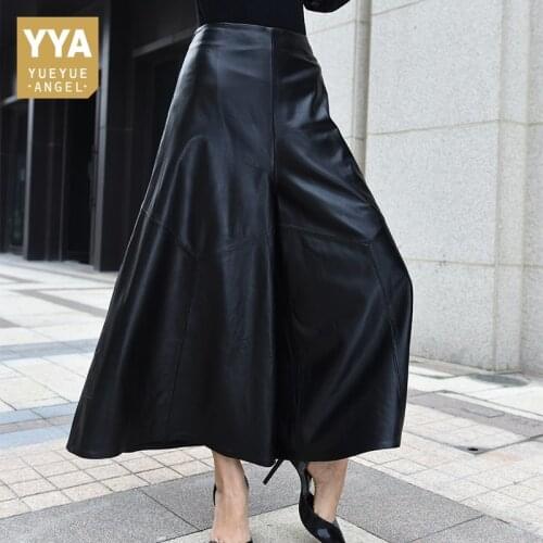 2020 High Quality Luxury Women Ankle-Length Trousers Genuine Leather High Waist Wide Leg Pants Casual Loose Fit Pantalones Mujer
