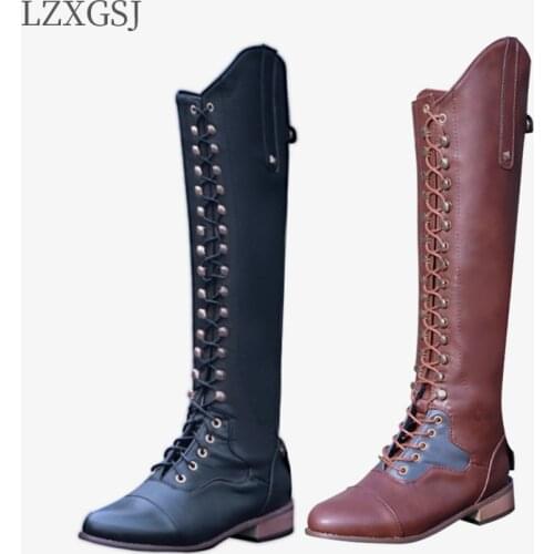 New Riding Women Boots Western Leather Knee High Boots Autumn Black Brown Lace-up Fashion Women Shoes Low Heel Long Boots 2021