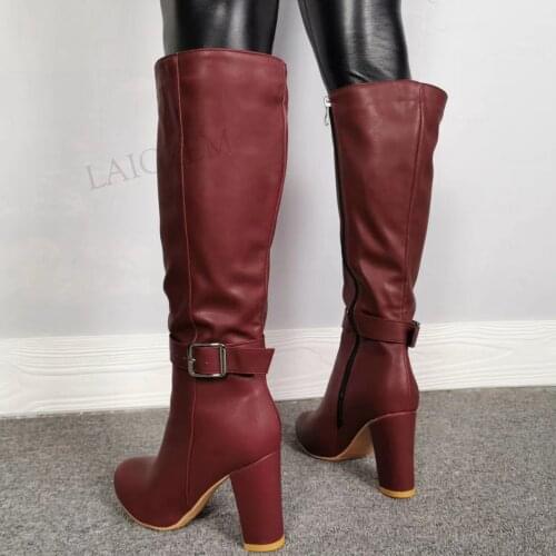 SEIIHEM Women Knee High Boots Zip Up Block Thick Heels Round Toe Tall Boot Ladies Faux Leather Shoes Woman Big Size 40 43 47 52