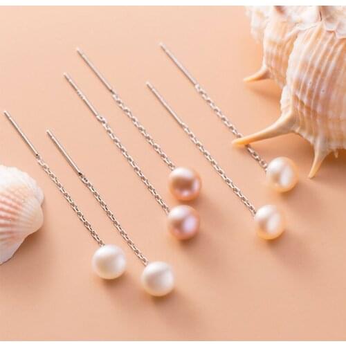 Genuine 925 Sterling Silver Long Chain Pearl Drop Earrings for Women Ear Line Elegant Wedding Jewelry Accessries Girl Gift