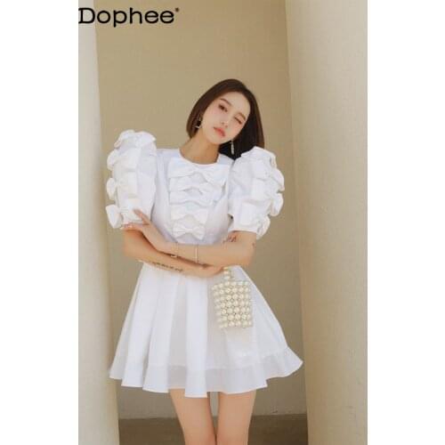 French Style Puff Sleeve White Dress for Women 2021 Summer Sweet Temperament Slim Waist Pleated Dress Office Lady Party Dress
