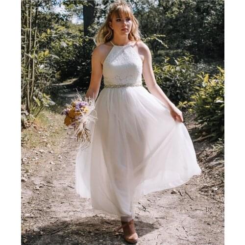 Wedding Dress 2021 For Petite Women Halter Sleeveless Tulle Bridal Gowns With Belt Lace Appliques Custom Made Low Back Sash