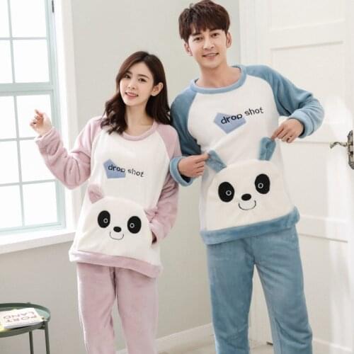 2020 Winter Couple Long Sleeve Thick Warm Flannel Pajama Sets For Women Cute Cartoon Coral Velvet Sleepwear Men Homewear Clothes