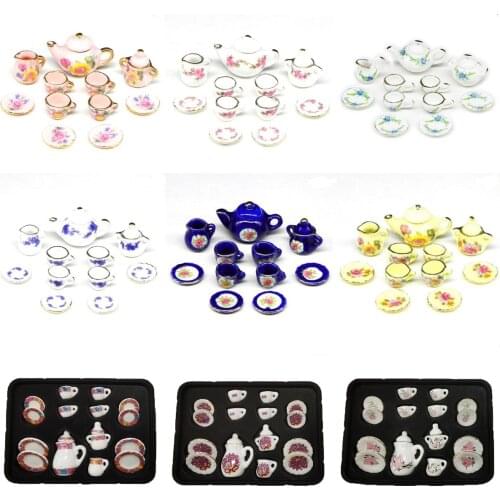 1 Set 1/12 Dollhouse Miniature Porcelain Flowers Theme Mugs Dish Cups Pot Set Doll House Accessories For Dollhouse Decals