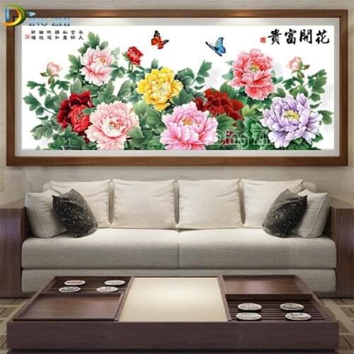 Large Size Flower Diamond Art Painting Peony Flower Diamond Mosaic Chinese Style Embroidery Square/Round Drill Rhinestone Decor