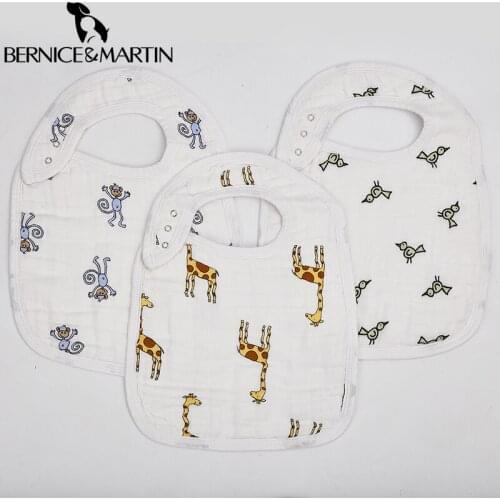 BERNICE & MARTIN 100% Cotton Muslin Classic Adjustable and Soft Absorben Baby Girl Boy Snap Bib 10" X 14" 3 Pack