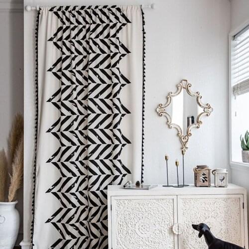 American Style Cotton Linen Printing Black Geometric Curtains for Living Room Kitchen Semi-shade Bay Window