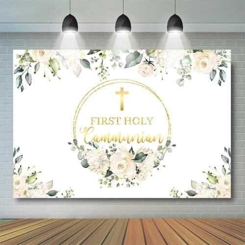 First Holy Communion Backdrops Newborn Baptism God Bless Baby Party Decor Buttercup leaves Gold Birthday Background Photostudio