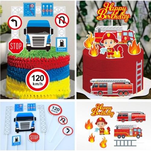 Fire Truck Boy Party Cake Flags Toppers Baking Birthday Cake Handing In Fire Truck Birthday Party Decor Supplies