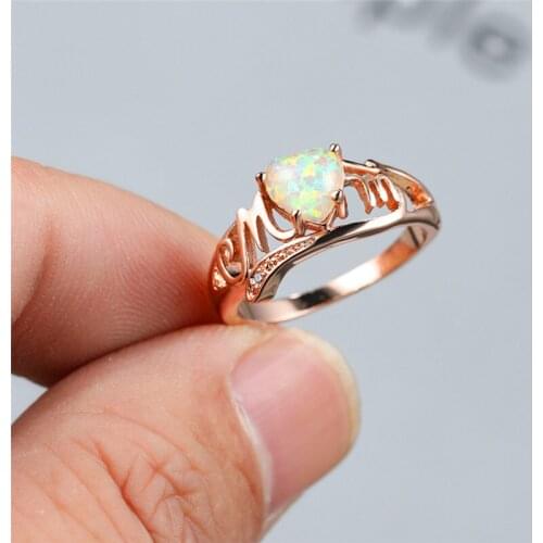 Dainty Love Heart Hollow Mom Ring Trendy Female White Blue Purple Opal Stone Ring Vintage Rose Gold Color Thin Rings For Women