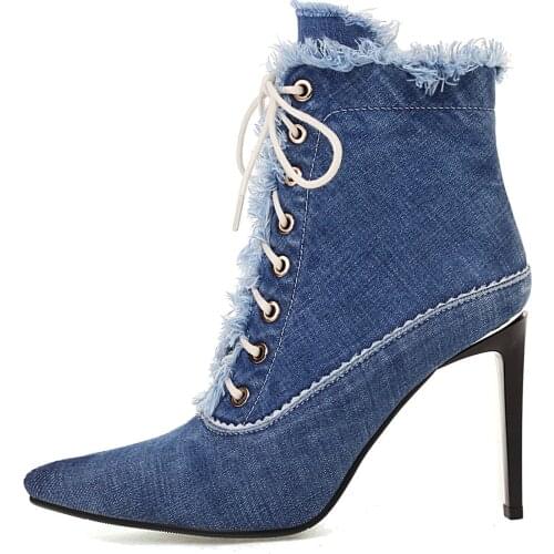 MKKHOU Fashion Short Boots Womens New Denim Fabric Pointed Toe Cross Strap Stiletto 9.5cm High Heel Boots Ladies Ankle Boots