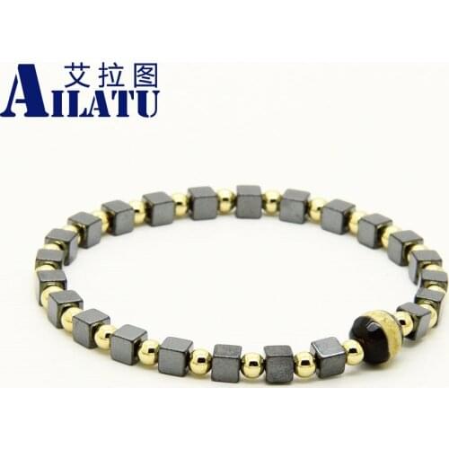 Ailatu Leisure Time Fashion Jewelry 4mm Copper Beads with Square Hematite Stone Dzi Eye Lucky Energy Bracelet