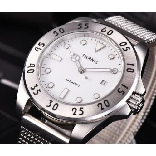 PARNIS 43mm Mens Mechanical Watches Stainless Steel Mesh Bracelet Calendar Miyota 8215 Automatic Men Watch with box gift 2020