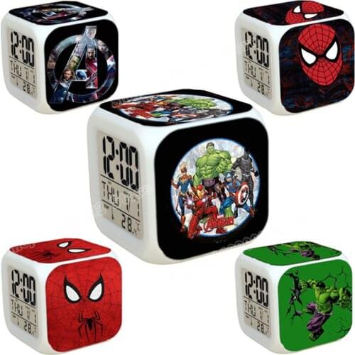 Marvel Alarm Clock Kids Digital Hulk Iron Man Led Number Seven Color Lights Captain America The Avengers Wake Up Table Clock
