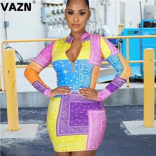 VAZN New 2021 New O-neck Patchwork Evening Gown Women Elegant Fashion Mini Dress Slim Dress Club Birthday Shinny Dress