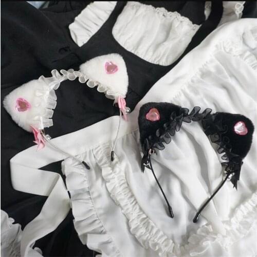 Kawaii Bear Cat Ears Bow Head Hoop Sweet Lace Hair Band Ladies Lolita Accessories KC Plush Headband D732