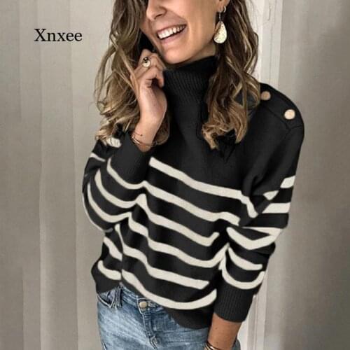 Autumn Turtleneck Stripe Knitted Tops Winter Long Sleeve Loose Sweater Fashion Button Sweater Elegant Jumpers Casual Pullover