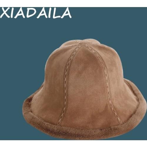 Autumn and winter new big head round plush basin hat flocking cloth bucket hat wild fisherman hat female retro horn hat