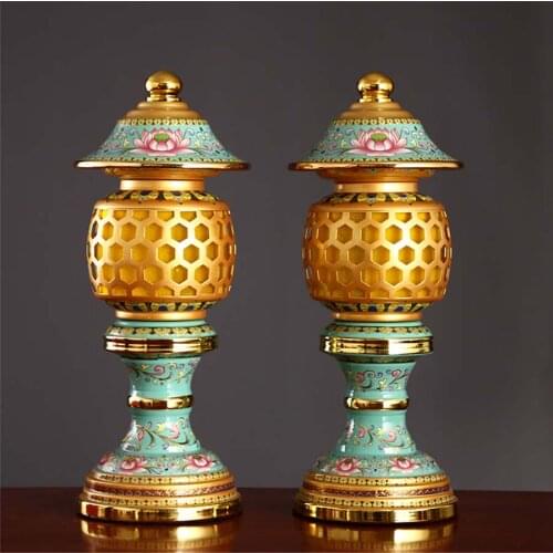A PAIR 2pcs Buddhism high grade HOME Temple shrine enshrine worship bring wealth money good luck buddha God of wealth lamp 28cm