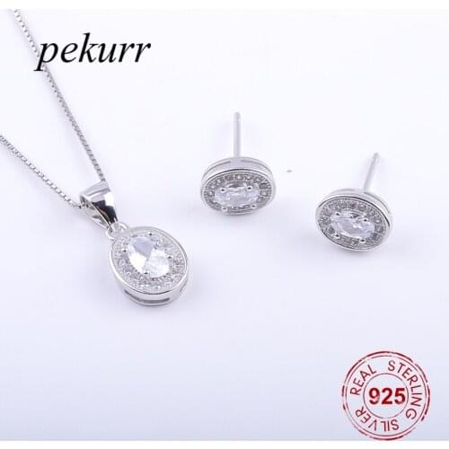 Pekurr 925 Sterling Silver Crystal Oval Egg Earrings Necklace Sets For Women Round Geometry Pendants Fashion Jewelry Sets