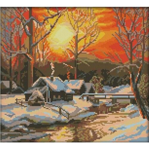 Hot Cross Stitch Kits 11CT Stamped Full Range of Embroidery Starter Kit for Beginners Pre-Printed Pattern-the Winter Morning