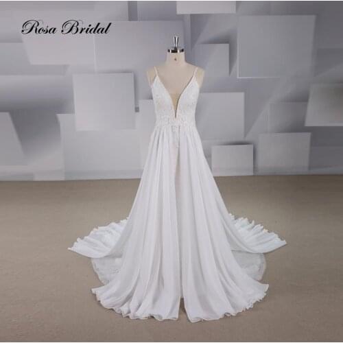 Rosabridal A Line Wedding Dress 2019 Backless V-neck lace sexy bridal gown