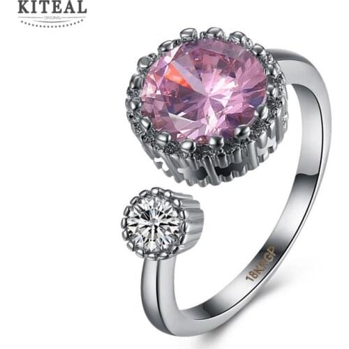 Luxury and Fancy Round Pink & Bling CZ Opening Ring For Women Girls Engagement Bijoux Femme Bague Reglable Jewelry Gift