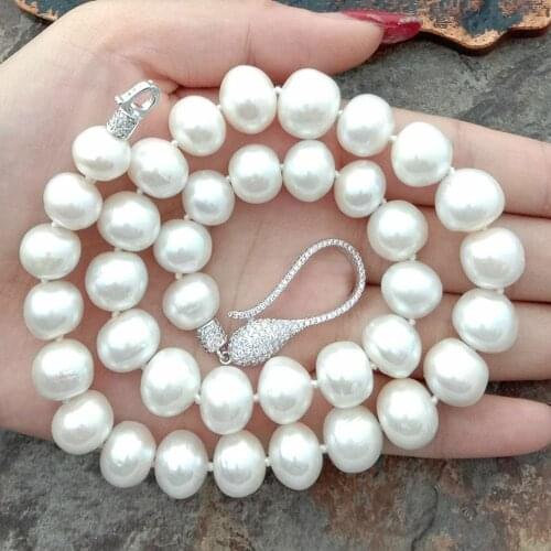 Hand knotted 10-11mm white freshwater cultured pearl micro inlay zircon accessories connector choke necklace long 48cm