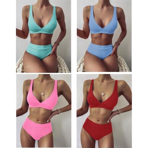 Sexy Bikinis 2021 Mujer New Stripe Swimsuit High Waist Solid Women Swimwear Push Up Bikini Set Brazilian Bathing Suit Beach Wear