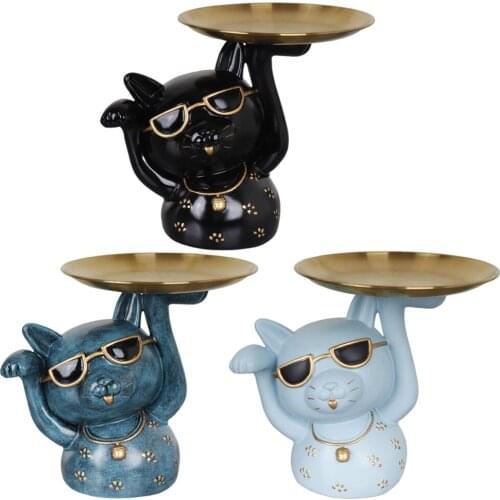 Resin Cat Sculpture Cute Lucky Cat Figurine Statue with Storage Tray Decor