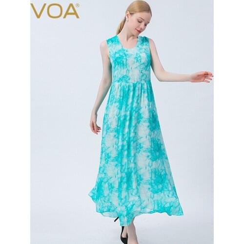 VOA Silk Georgette Blue Ink Light Yarn Crewneck Sleeveless Fold Strap Printing and Dyeing Process Loose Breathable Dress AE967
