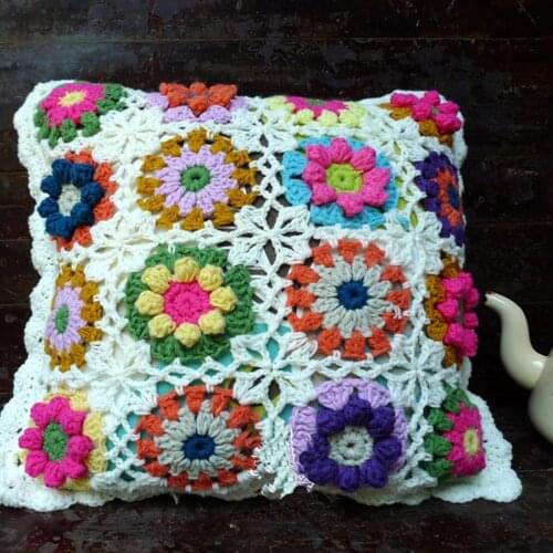 Traditional manual crochet knitting pastoral wind color flower pillow car cushion Handmade sofa waist pillow back cushion 40*40C