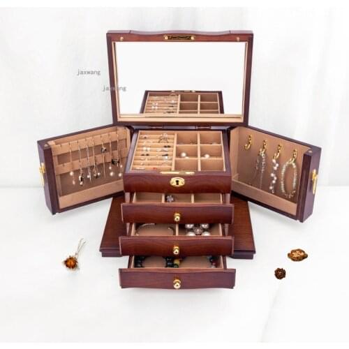Solid Wood Double Door Drawer Type Storage Box European-style Wedding Earring Multi-layer Jewelry Box Makeup Organizer with Lock