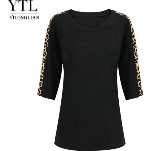 Yitonglian Women Fashion Plus Size Cotton T-shirt Patchwork Leopard Solid Casual Tunic Tops Round Neck T Shirts Female H408