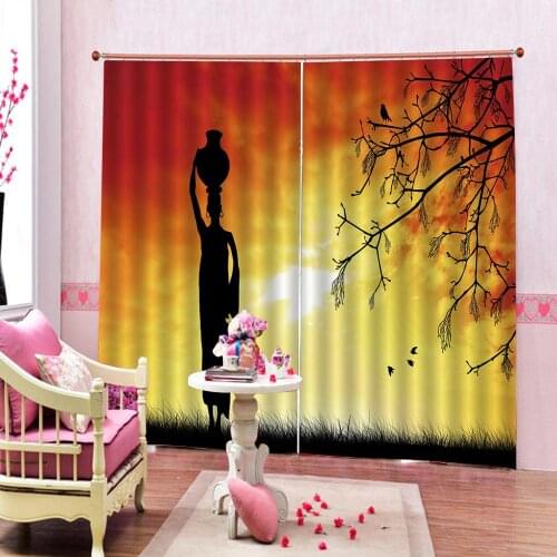 African Girl Lady Sunset Curtain Character Pattern Polyester Fabric Window Curtain Fashion Art For Living room Bedroom Decor